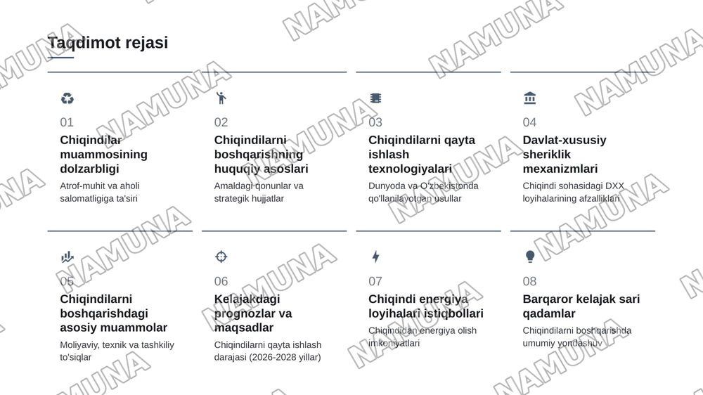 Узбекистонда чикиндиларни бощкариш лойихаларининг истикболлари буйича тахлилий маколи — zamonaviy taqdimot, 2-slayd