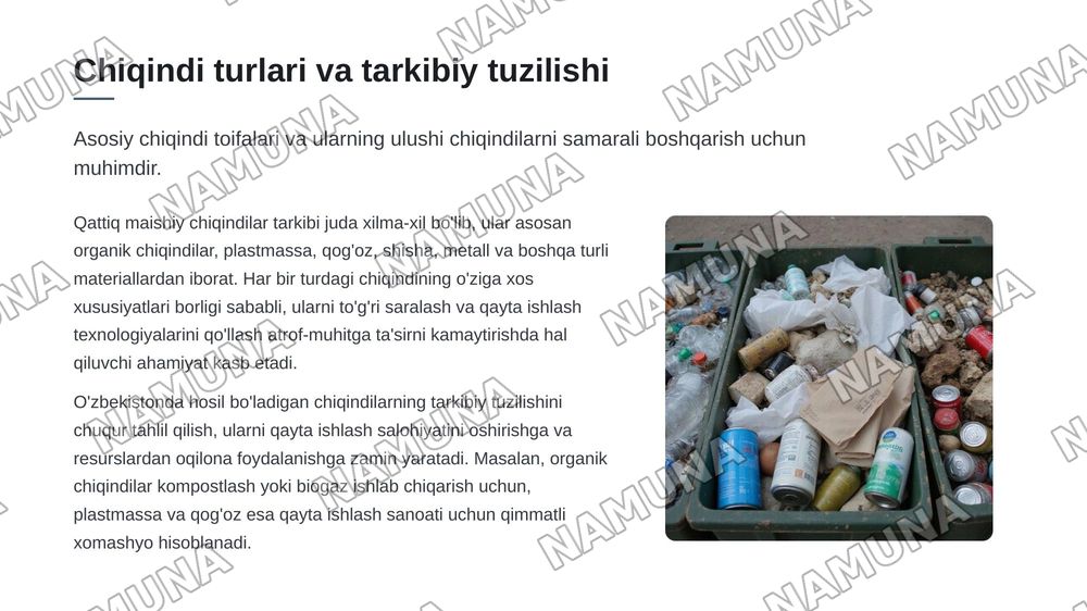 Узбекистонда чикиндиларни бощкариш лойихаларининг истикболлари буйича тахлилий маколи — zamonaviy taqdimot, 5-slayd