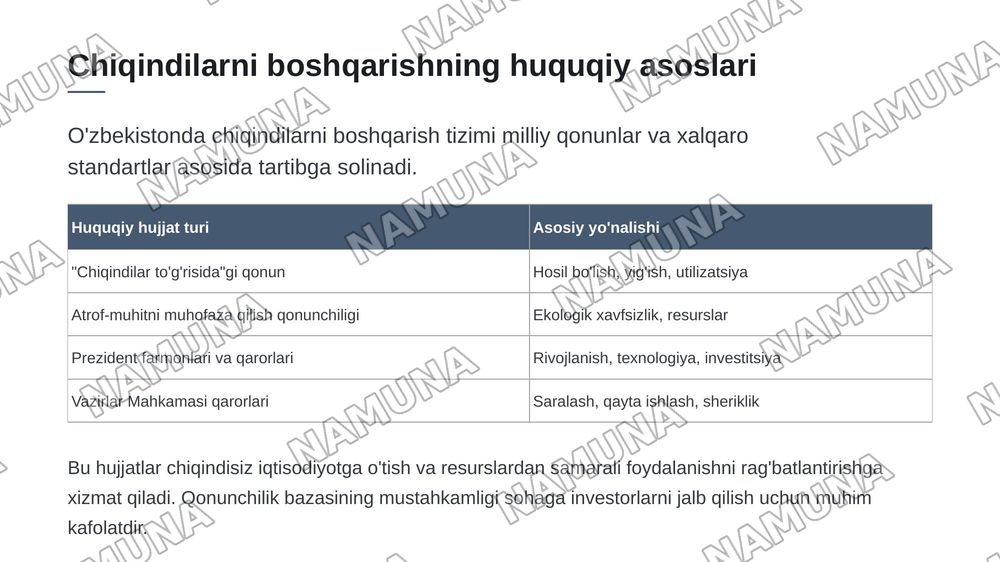 Узбекистонда чикиндиларни бощкариш лойихаларининг истикболлари буйича тахлилий маколи — zamonaviy taqdimot, 6-slayd