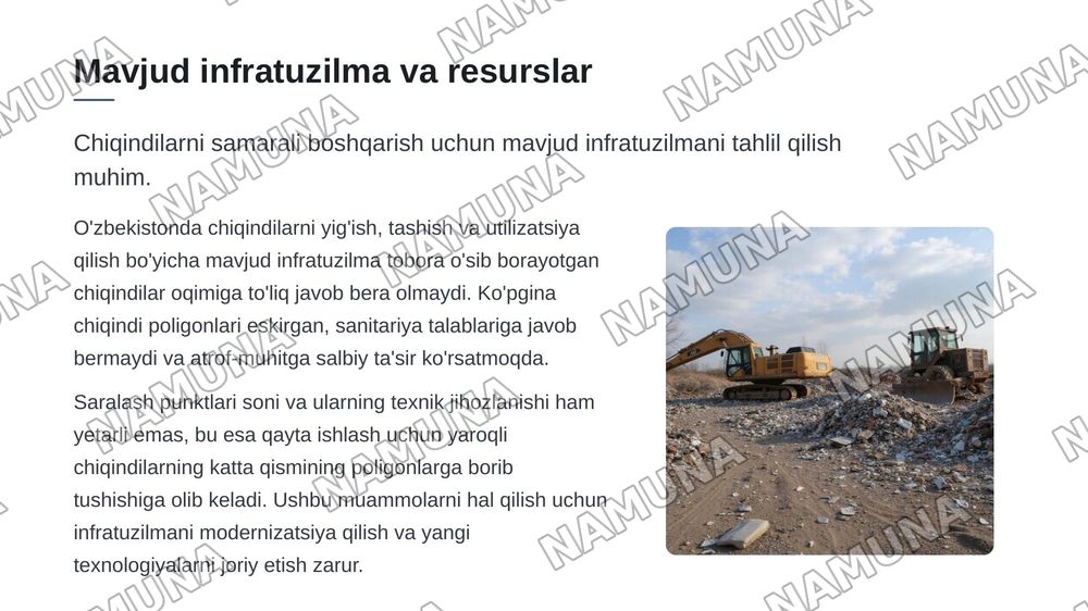 Узбекистонда чикиндиларни бощкариш лойихаларининг истикболлари буйича тахлилий маколи — zamonaviy taqdimot, 7-slayd