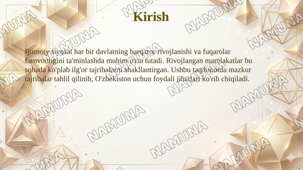 Rivojlangan mamlakatlarda ijtimoiy siyosat sohasida tajribalar va ulardan O’zbekistonda foydalanish yo’llari — 3-slayd