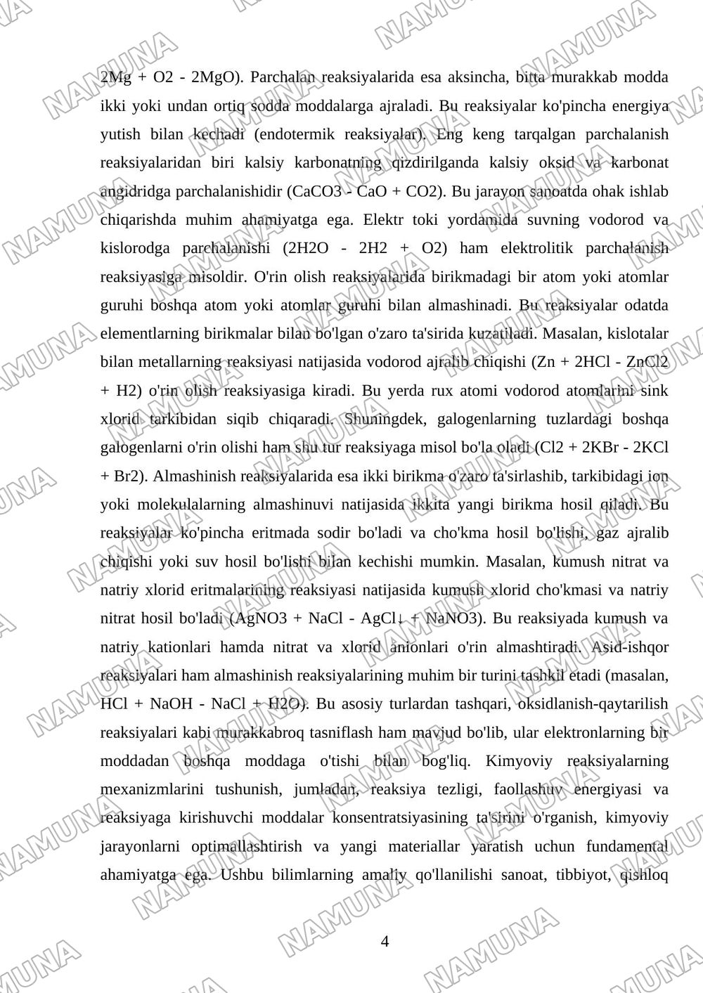 Kimyoviy reaksiyalar va sinflarga bulinishi — 4-varaq