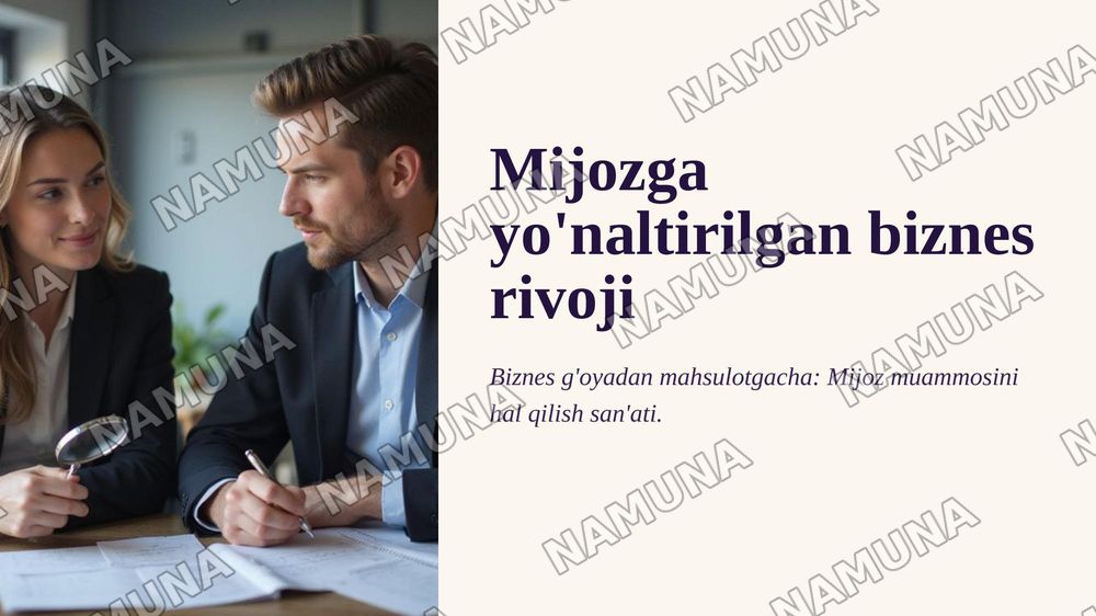 1.Nima sababdan biznes g‘oyani mahsulotdan emas, mijoz muammosidan boshlash maqsadga muvofiq? Misol bilan tushuntiring.
2.Mijoz muammosi, ehtiyoj va istak tushunchalari o‘rtasidagi farq nimada?
3.Pain Point (“og‘riqli nuqta”) nima? Uni tadbirkor qanday usullar yordamida aniqlashi mumkin?
4.Design — 1-slayd