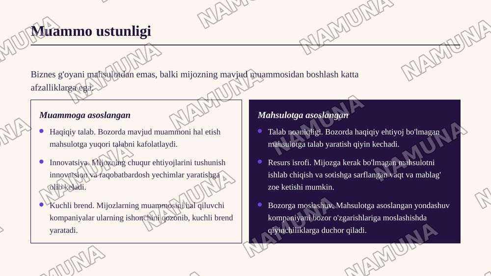 1.Nima sababdan biznes g‘oyani mahsulotdan emas, mijoz muammosidan boshlash maqsadga muvofiq? Misol bilan tushuntiring.
2.Mijoz muammosi, ehtiyoj va istak tushunchalari o‘rtasidagi farq nimada?
3.Pain Point (“og‘riqli nuqta”) nima? Uni tadbirkor qanday usullar yordamida aniqlashi mumkin?
4.Design — 3-slayd