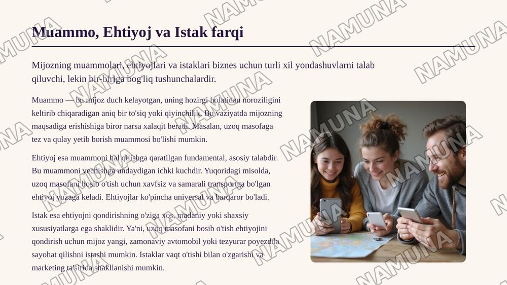 1.Nima sababdan biznes g‘oyani mahsulotdan emas, mijoz muammosidan boshlash maqsadga muvofiq? Misol bilan tushuntiring.
2.Mijoz muammosi, ehtiyoj va istak tushunchalari o‘rtasidagi farq nimada?
3.Pain Point (“og‘riqli nuqta”) nima? Uni tadbirkor qanday usullar yordamida aniqlashi mumkin?
4.Design — 4-slayd