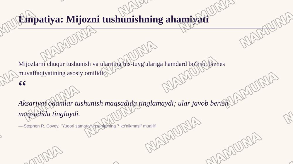 1.Nima sababdan biznes g‘oyani mahsulotdan emas, mijoz muammosidan boshlash maqsadga muvofiq? Misol bilan tushuntiring.
2.Mijoz muammosi, ehtiyoj va istak tushunchalari o‘rtasidagi farq nimada?
3.Pain Point (“og‘riqli nuqta”) nima? Uni tadbirkor qanday usullar yordamida aniqlashi mumkin?
4.Design — 7-slayd