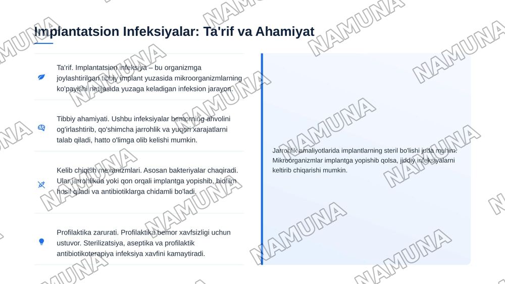 Implantatsion infeksiya profilaktikasi. Tikuv materiallari, protezlar, metal konstruksiyalar
sterilizatsiyasi. Past haroratli va nurli sterilizatsiya. Gospital infeksiya. Xirurgiyada
SPID-infeksiya muammosi va profilaktikasi. — 3-slayd