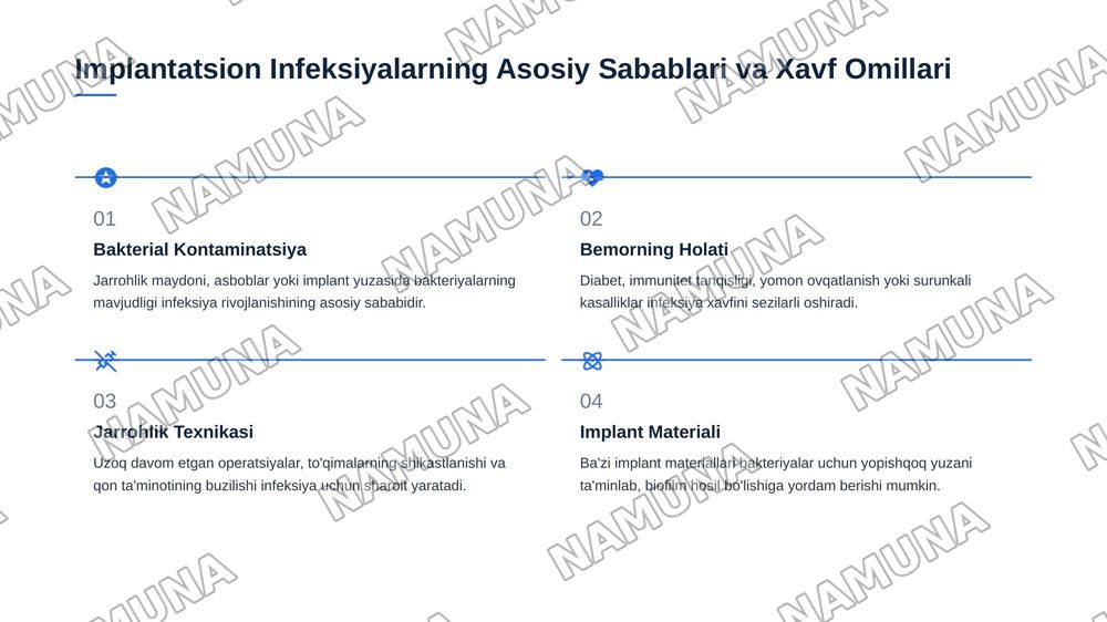 Implantatsion infeksiya profilaktikasi. Tikuv materiallari, protezlar, metal konstruksiyalar
sterilizatsiyasi. Past haroratli va nurli sterilizatsiya. Gospital infeksiya. Xirurgiyada
SPID-infeksiya muammosi va profilaktikasi. — 4-slayd