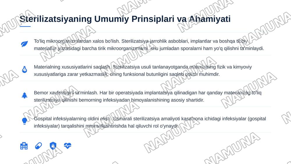Implantatsion infeksiya profilaktikasi. Tikuv materiallari, protezlar, metal konstruksiyalar
sterilizatsiyasi. Past haroratli va nurli sterilizatsiya. Gospital infeksiya. Xirurgiyada
SPID-infeksiya muammosi va profilaktikasi. — 5-slayd