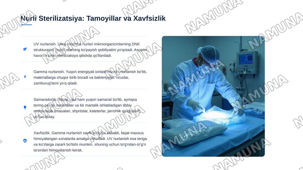 Implantatsion infeksiya profilaktikasi. Tikuv materiallari, protezlar, metal konstruksiyalar
sterilizatsiyasi. Past haroratli va nurli sterilizatsiya. Gospital infeksiya. Xirurgiyada
SPID-infeksiya muammosi va profilaktikasi. — 8-slayd
