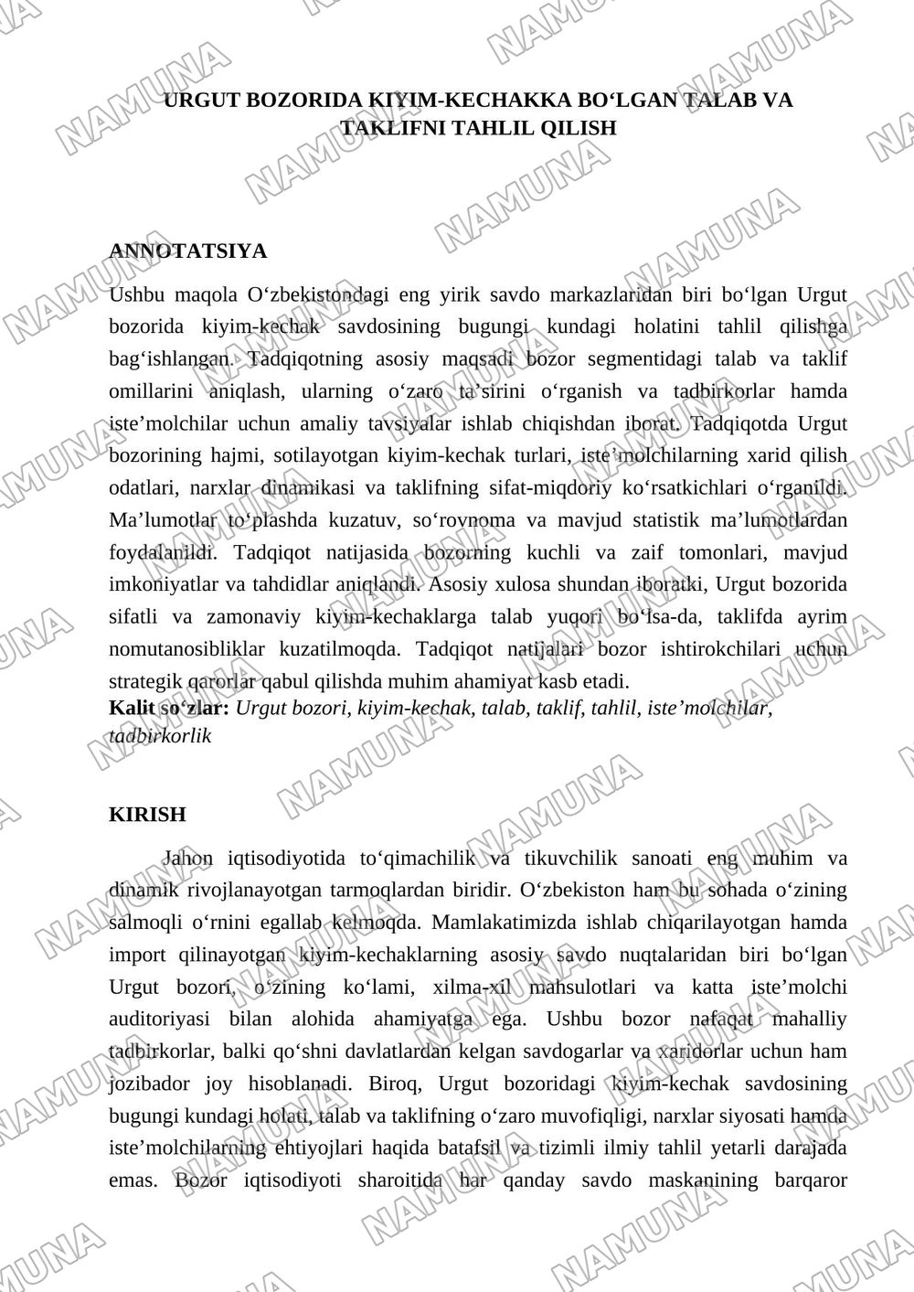 URGUT BOZORIDA KIYIMGA BOʻLGAN TALAB VA TAKLIF TAHLILI — 1-varaq