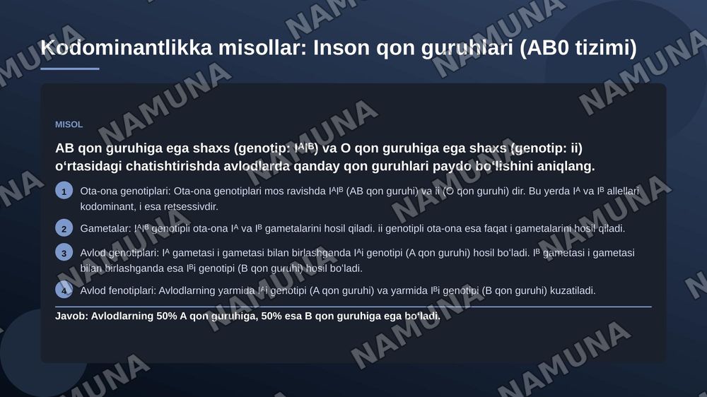 Monoduragay chatishtirish. Allel boʻlgan genlarning oʻzaro ta'siri. Kodominantlik. — 7-slayd