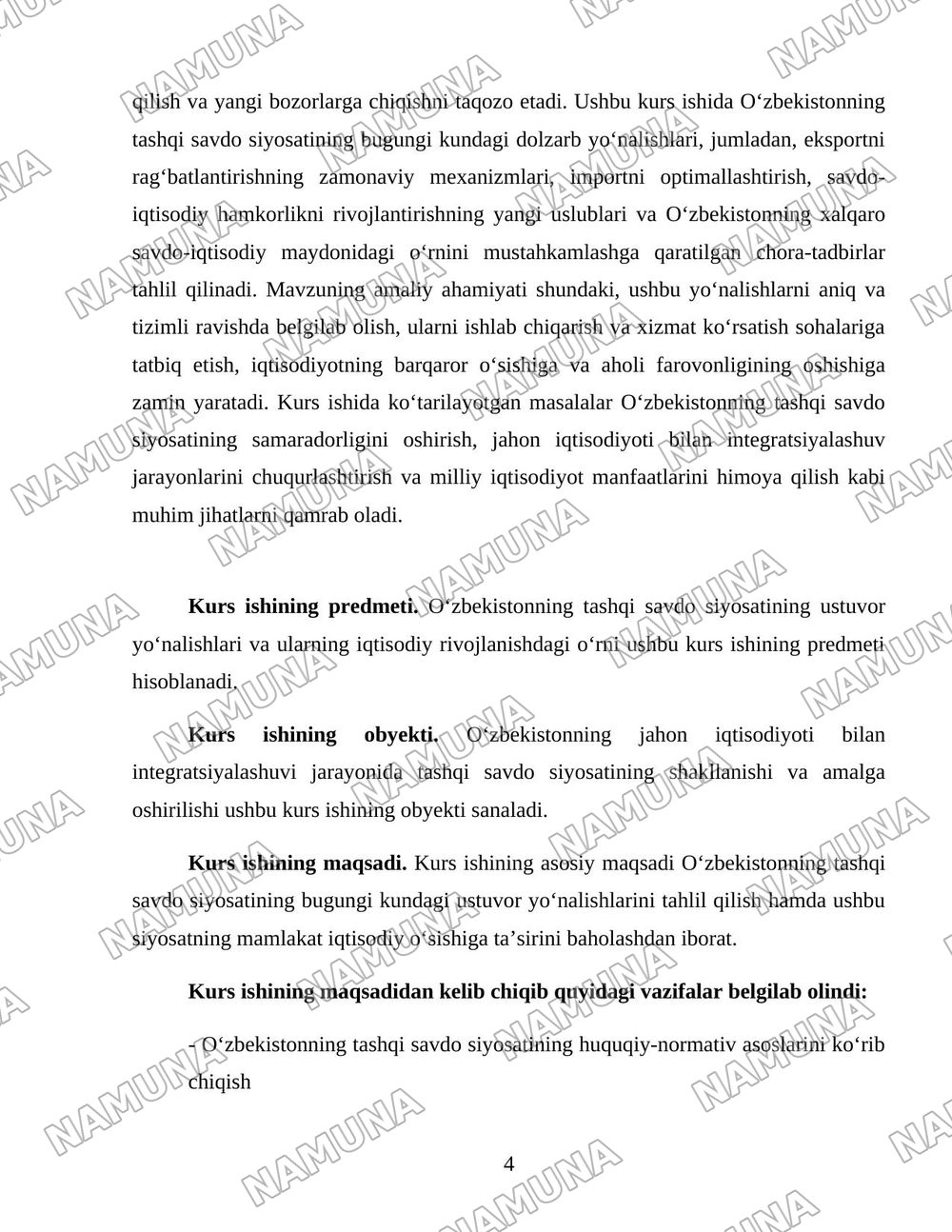 “O‘zbekistonning tashqi savdo siyosatining ustuvor yo‘nalishlari” — 4-varaq