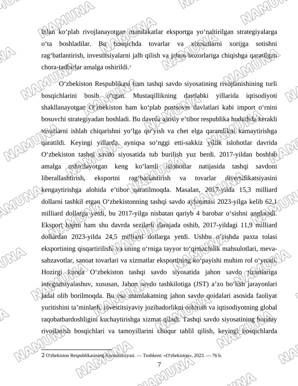 “O‘zbekistonning tashqi savdo siyosatining ustuvor yo‘nalishlari” — 7-varaq