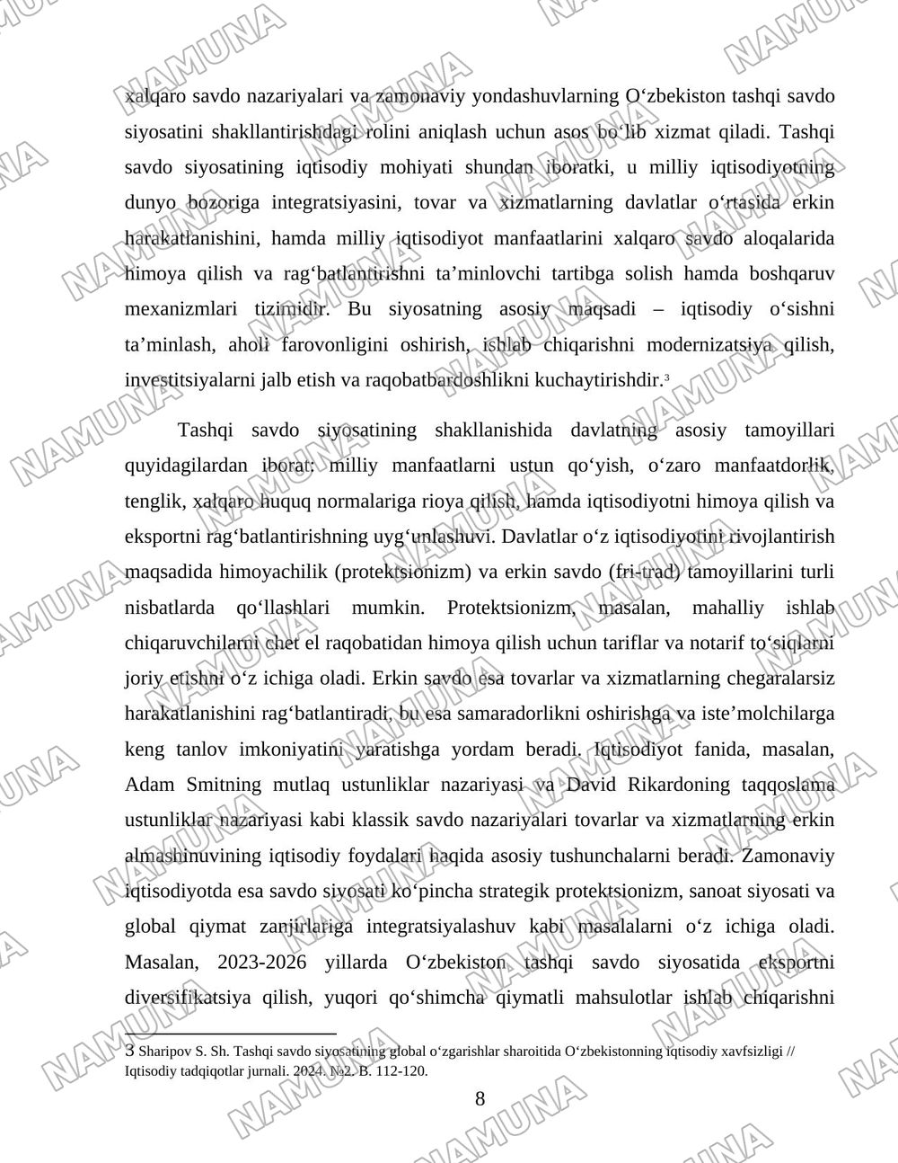 “O‘zbekistonning tashqi savdo siyosatining ustuvor yo‘nalishlari” — 8-varaq