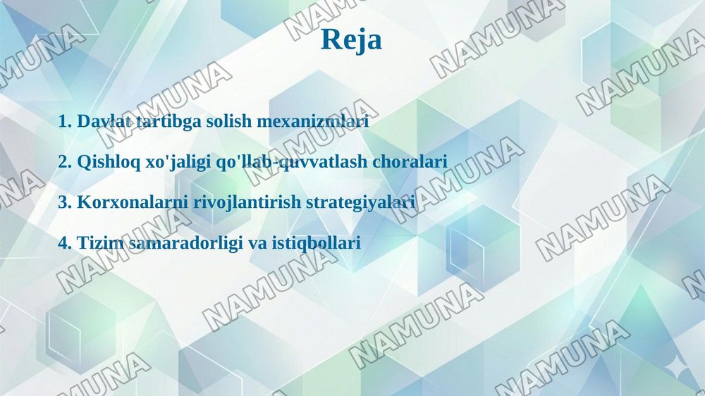 Ózbakistonda qishloq xójaligi korxonalarini davlat tomonidan tartibga solish va qóllab quvvatlash tizimi — 2-slayd