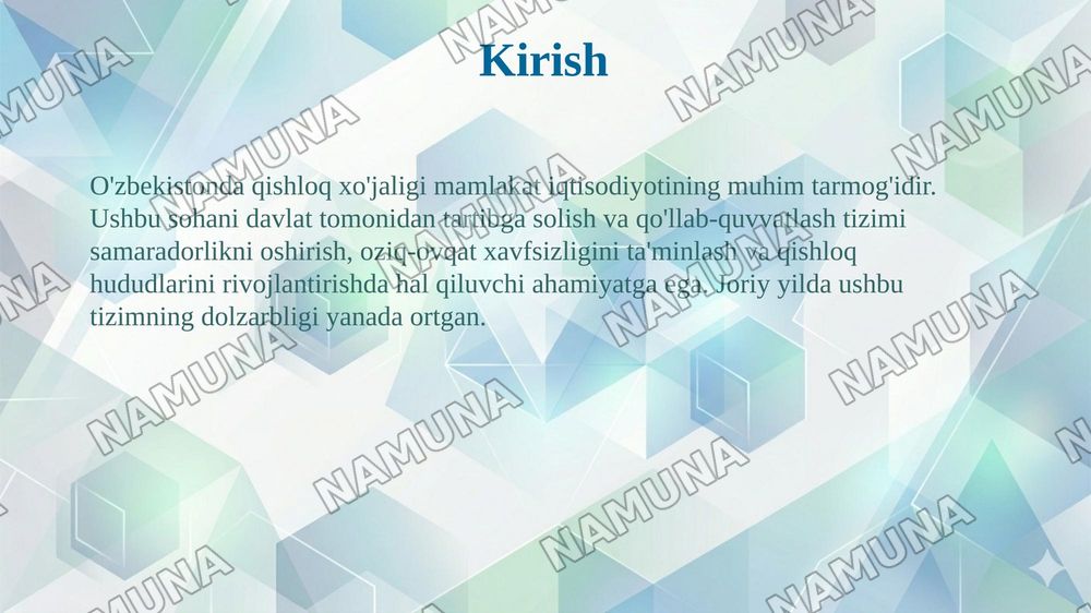 Ózbakistonda qishloq xójaligi korxonalarini davlat tomonidan tartibga solish va qóllab quvvatlash tizimi — 3-slayd