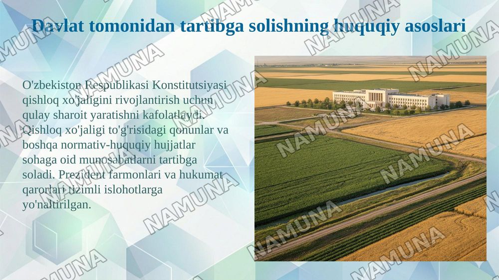 Ózbakistonda qishloq xójaligi korxonalarini davlat tomonidan tartibga solish va qóllab quvvatlash tizimi — 5-slayd
