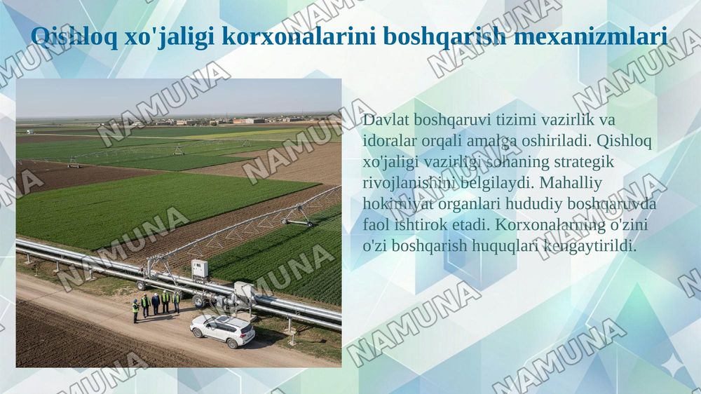 Ózbakistonda qishloq xójaligi korxonalarini davlat tomonidan tartibga solish va qóllab quvvatlash tizimi — 6-slayd