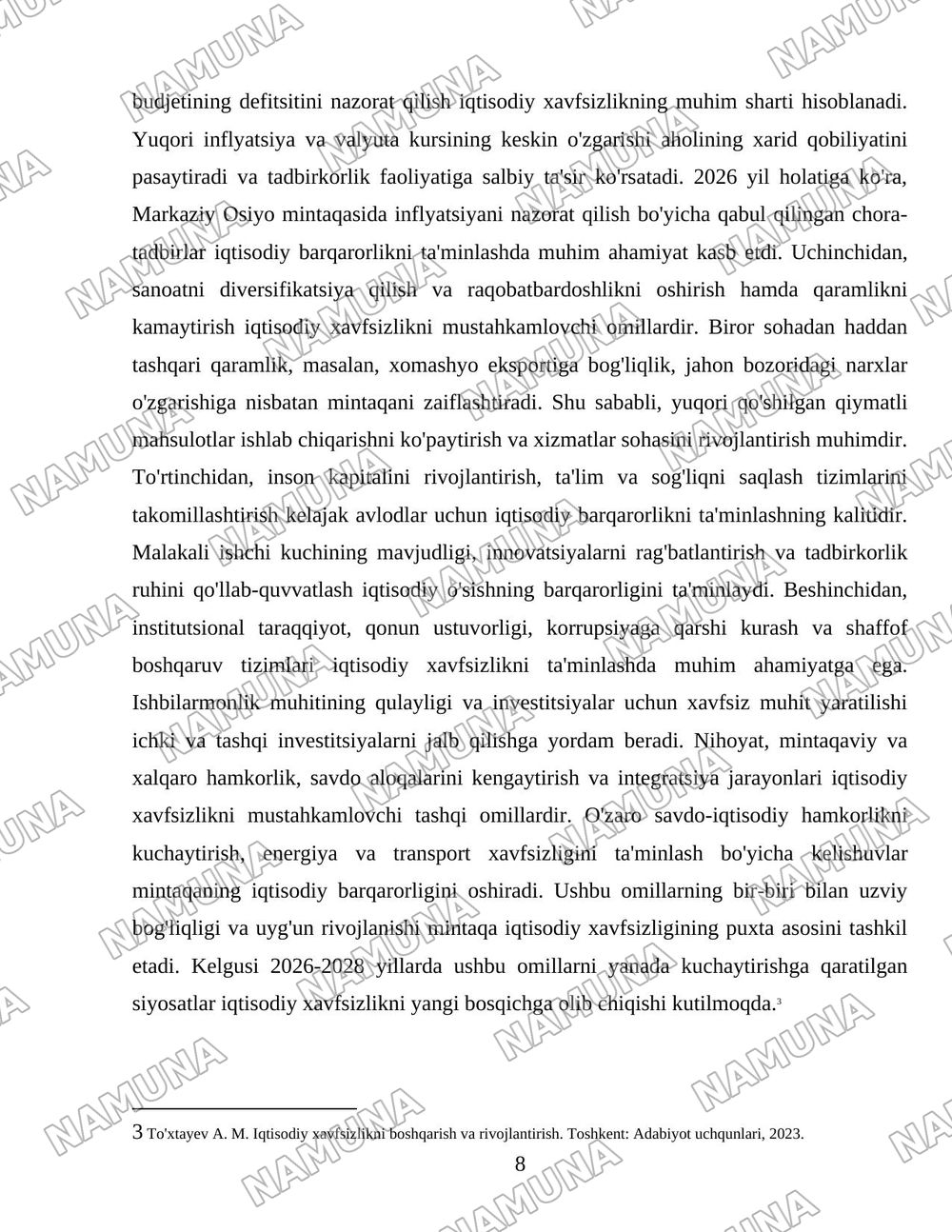 Mintaqa iqtisodiy xavfsizligini baholash mezonlari va kõsatkichlari — 8-varaq