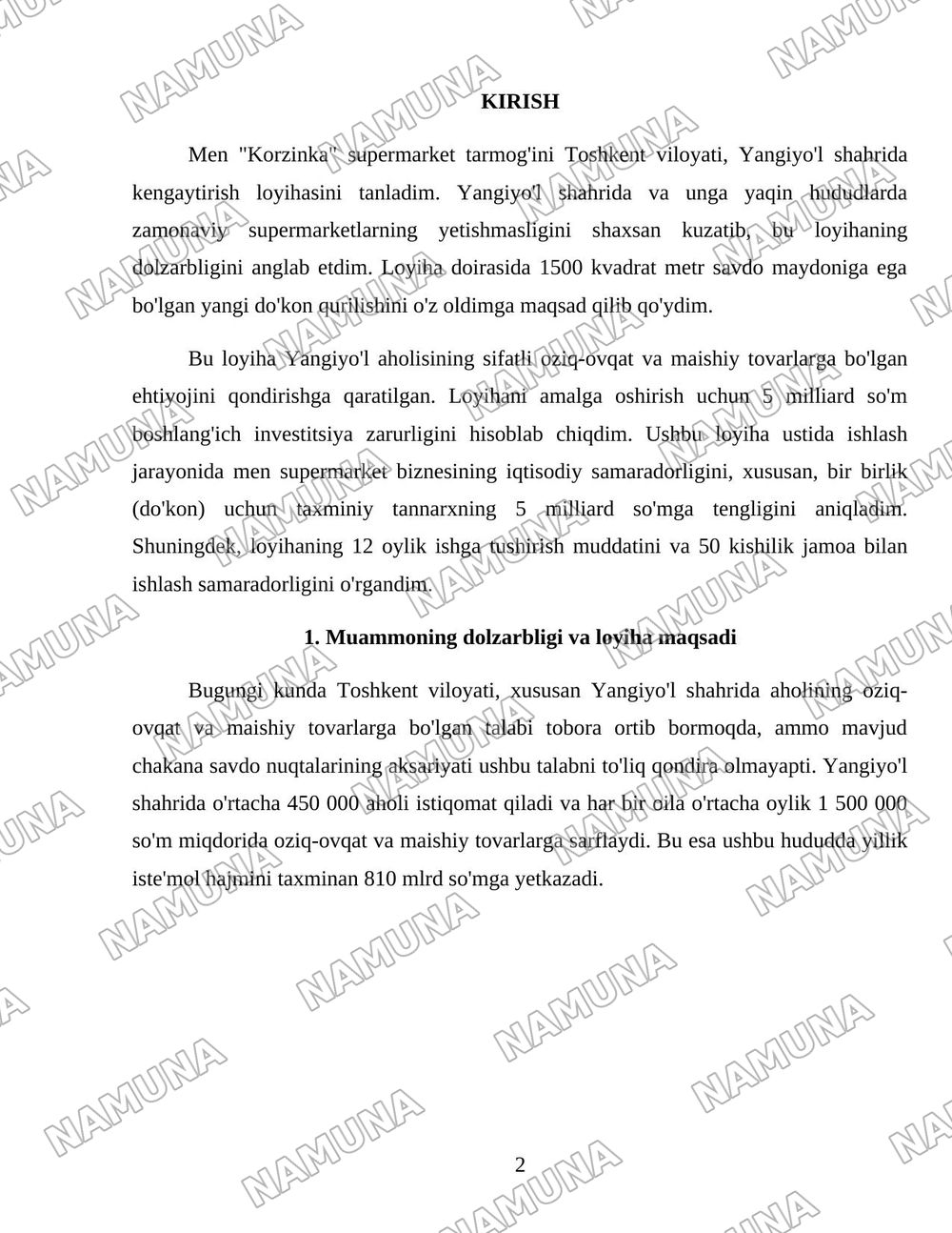 Korzinka tarmoqlari loyihasi — 2-varaq