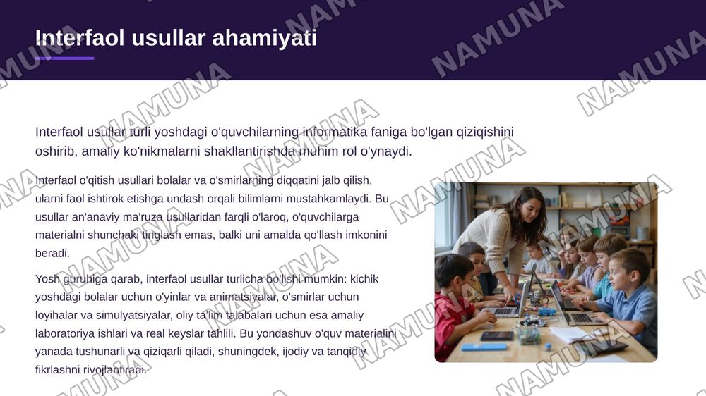 Informatika fanini turli yosh guruhlariga va ta'lim bosqichlariga moslashtirib o'qitish — 8-slayd