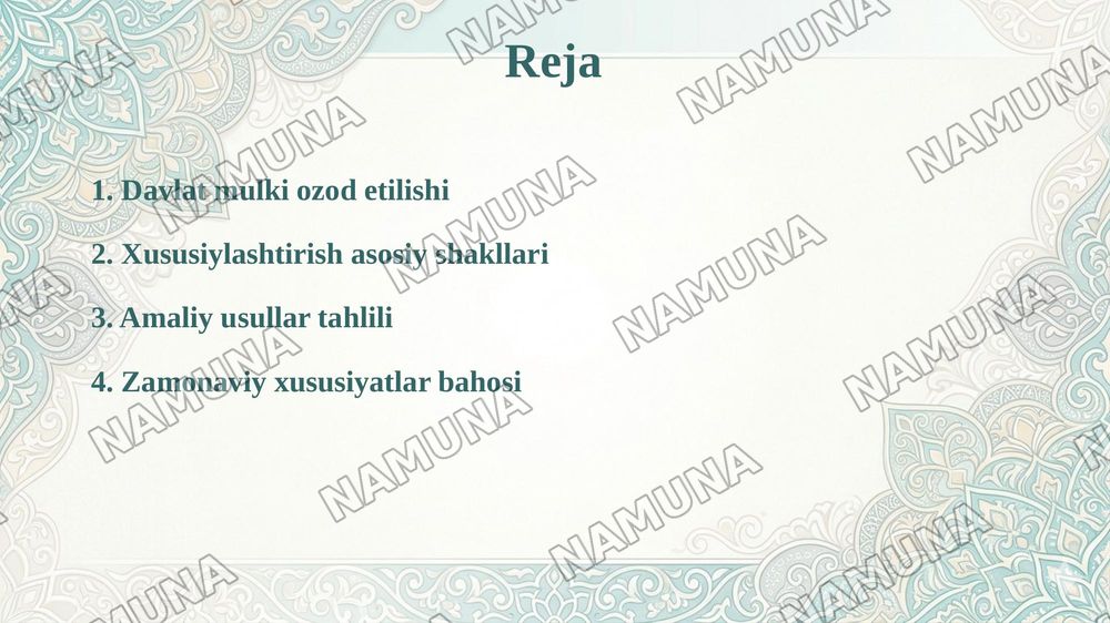 Oʻzbekistonda mulkni davlat tasarufidan chiqarish va xususiylashtirishning hozirgi zamondagi xususiyatlari asosiy shakillari va usullari. — 2-slayd