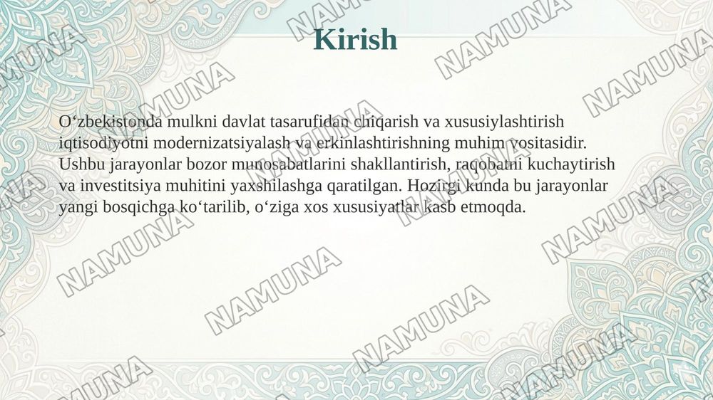 Oʻzbekistonda mulkni davlat tasarufidan chiqarish va xususiylashtirishning hozirgi zamondagi xususiyatlari asosiy shakillari va usullari. — 3-slayd