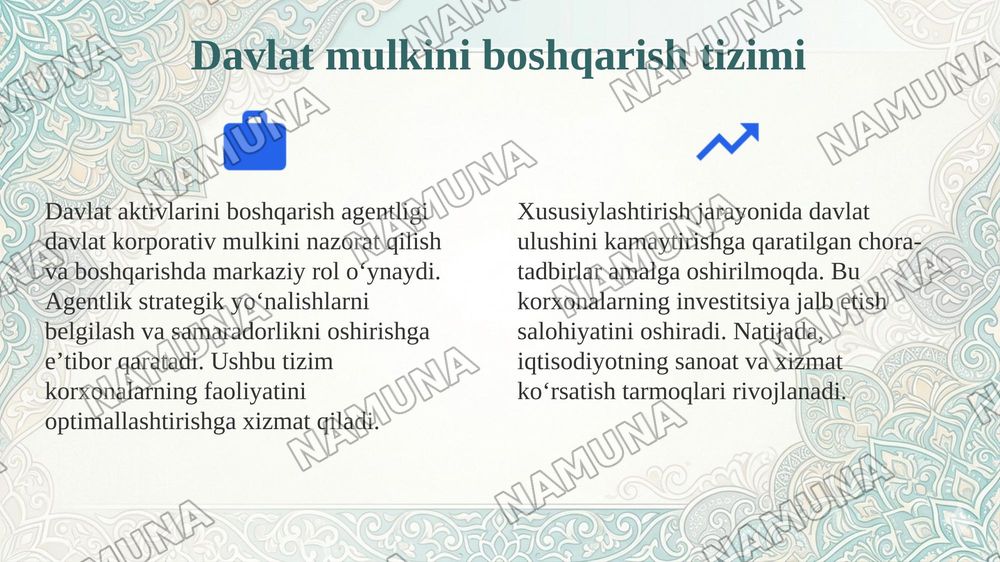 Oʻzbekistonda mulkni davlat tasarufidan chiqarish va xususiylashtirishning hozirgi zamondagi xususiyatlari asosiy shakillari va usullari. — 4-slayd