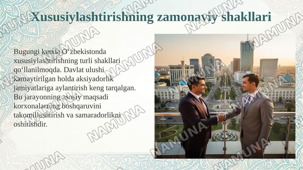 Oʻzbekistonda mulkni davlat tasarufidan chiqarish va xususiylashtirishning hozirgi zamondagi xususiyatlari asosiy shakillari va usullari. — 5-slayd