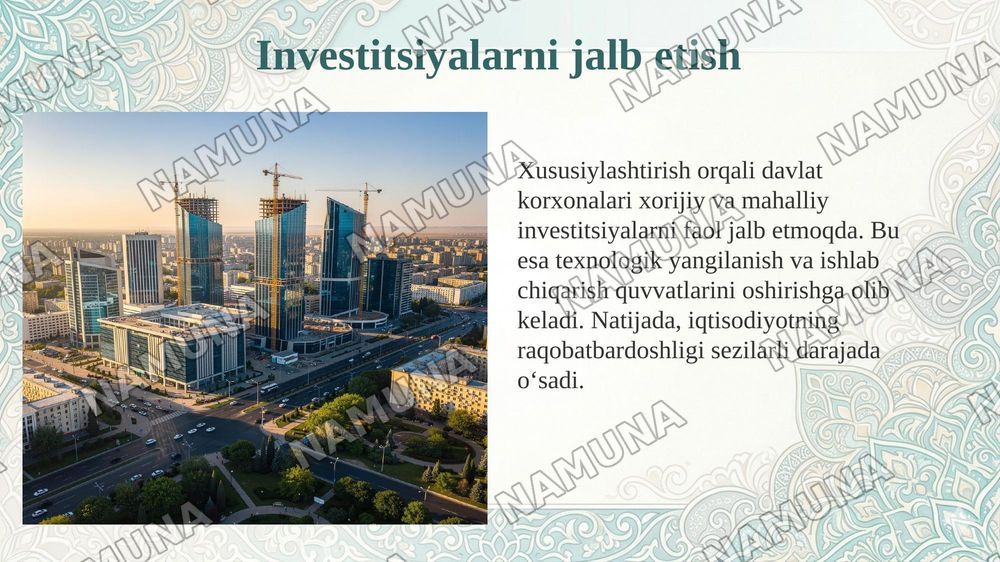 Oʻzbekistonda mulkni davlat tasarufidan chiqarish va xususiylashtirishning hozirgi zamondagi xususiyatlari asosiy shakillari va usullari. — 6-slayd