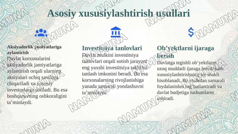 Oʻzbekistonda mulkni davlat tasarufidan chiqarish va xususiylashtirishning hozirgi zamondagi xususiyatlari asosiy shakillari va usullari. — 7-slayd