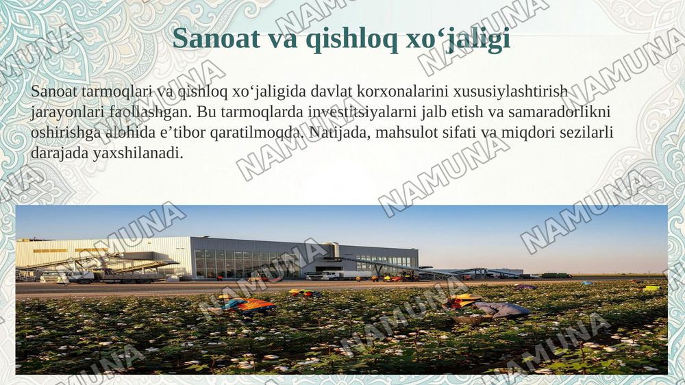 Oʻzbekistonda mulkni davlat tasarufidan chiqarish va xususiylashtirishning hozirgi zamondagi xususiyatlari asosiy shakillari va usullari. — 8-slayd
