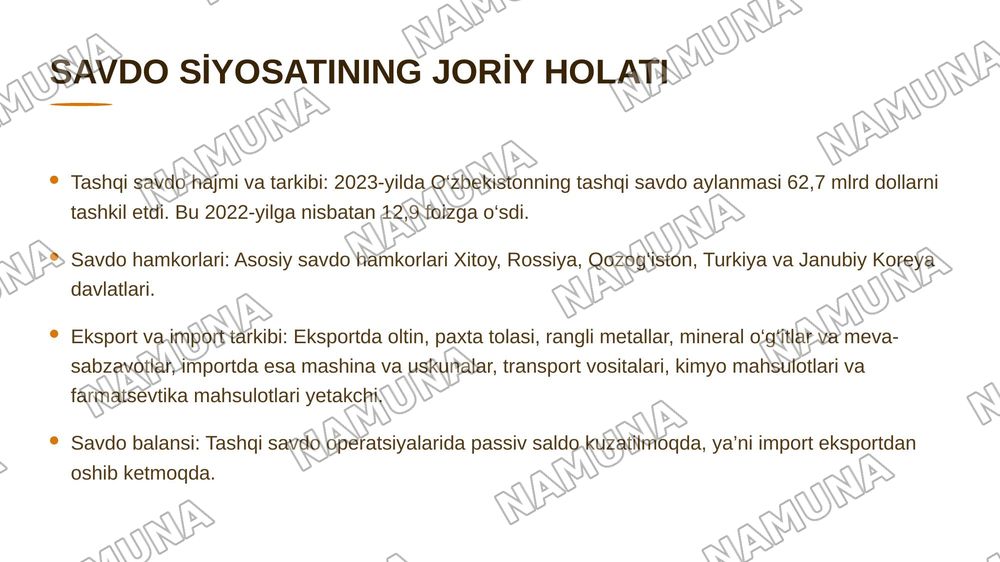 O‘zbekistonning tashqi savdo siyosatining ustuvor yo'nalishlari — 4-slayd