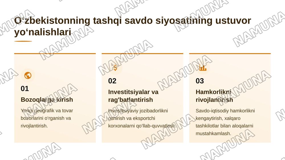 O‘zbekistonning tashqi savdo siyosatining ustuvor yo'nalishlari — 6-slayd