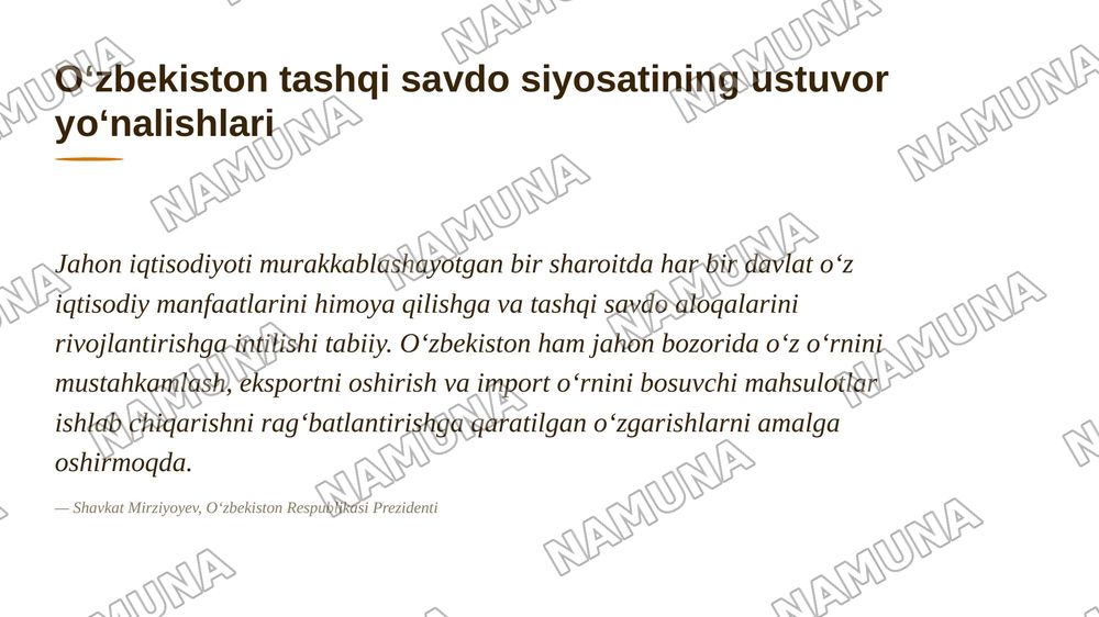 O‘zbekistonning tashqi savdo siyosatining ustuvor yo'nalishlari — 8-slayd