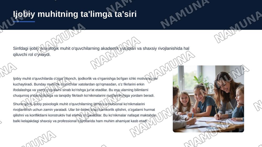 Sinfda ijobiy psixologik muhitni yaratish va samarali ta'lim jarayonini
tashkil etish. — 3-slayd