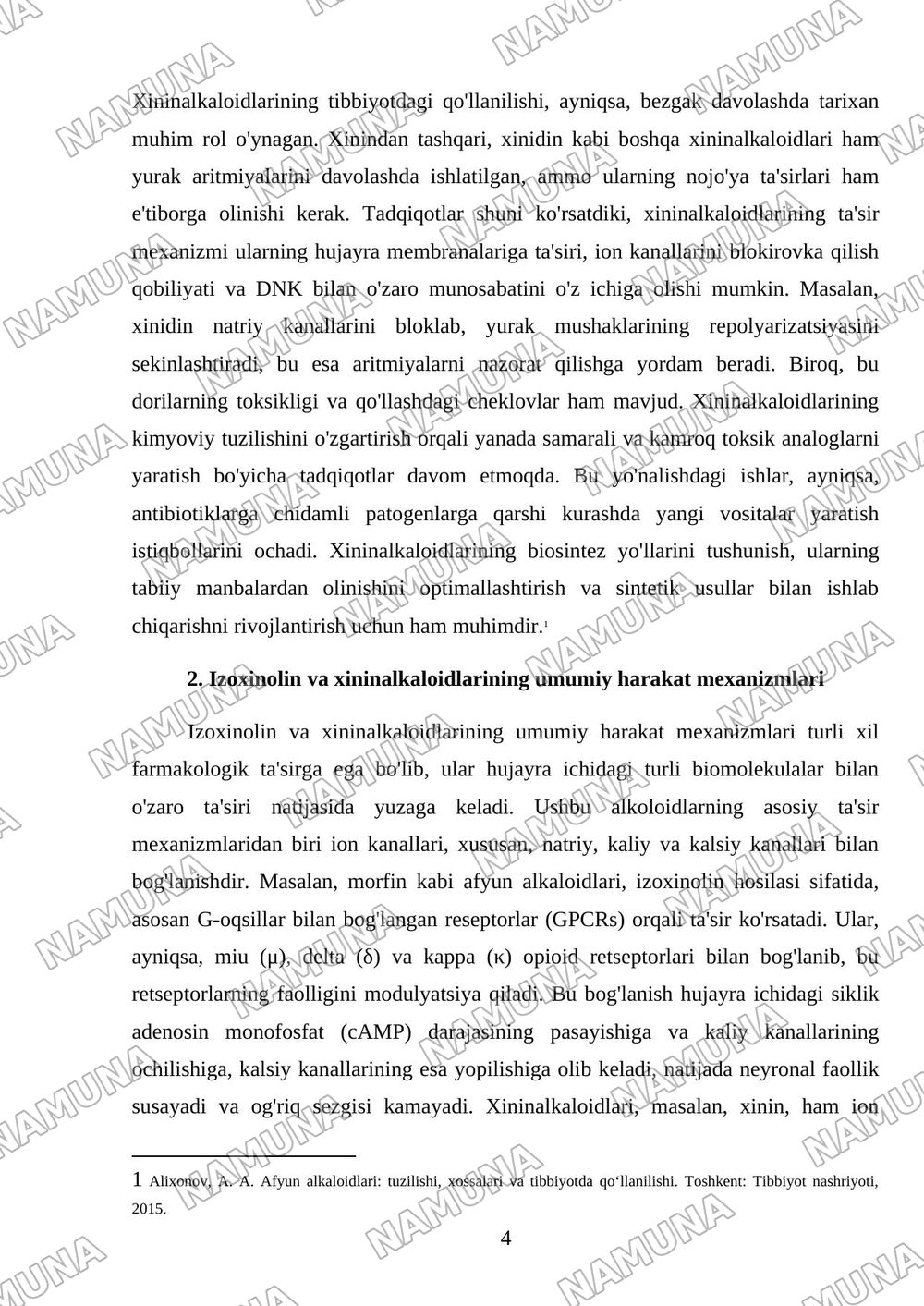 alkoloidlar izoxinolin hosilalari afyun alkoloidlariva xininalkoloidlari ularning biologek ta'siri va harakat mexanezmi tibbiyotda qullanilishi har birini formulalari bilan yoritilgan ko'k qora rangla — 4-varaq