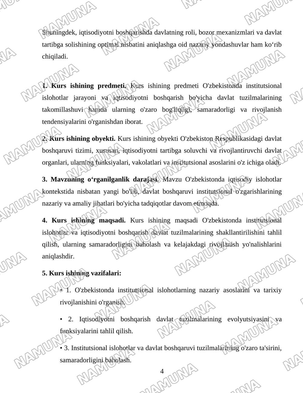 O'zbekistonda institutsional islohotlar va iqtisodiyotni boshqarish davlat tuzilmalarining shakllantirilishi. — 4-varaq