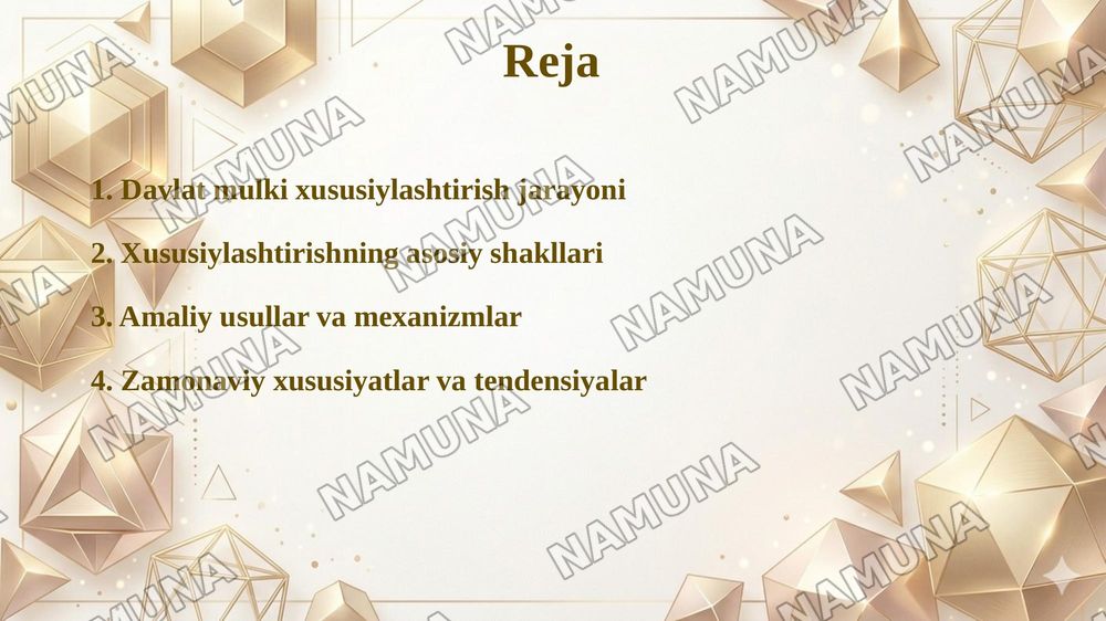 Oʻzbekistonda mulkni davlat tasarufidan chiqarish va xususiylashtirishning hozirgi zamondagi xususiyatlari asosiy shakillari va usullari. — 2-slayd