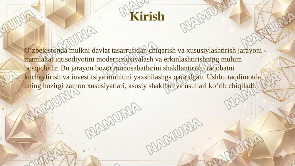 Oʻzbekistonda mulkni davlat tasarufidan chiqarish va xususiylashtirishning hozirgi zamondagi xususiyatlari asosiy shakillari va usullari. — 3-slayd