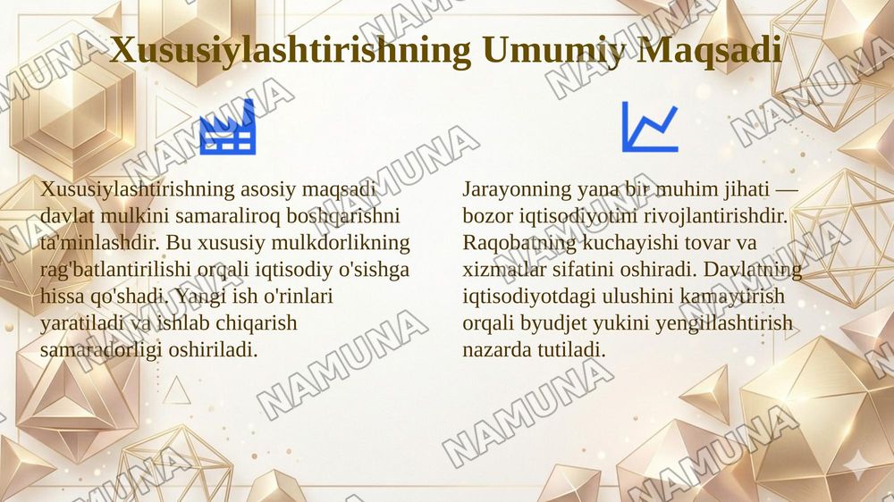 Oʻzbekistonda mulkni davlat tasarufidan chiqarish va xususiylashtirishning hozirgi zamondagi xususiyatlari asosiy shakillari va usullari. — 4-slayd