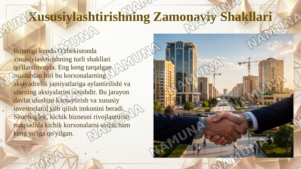 Oʻzbekistonda mulkni davlat tasarufidan chiqarish va xususiylashtirishning hozirgi zamondagi xususiyatlari asosiy shakillari va usullari. — 5-slayd