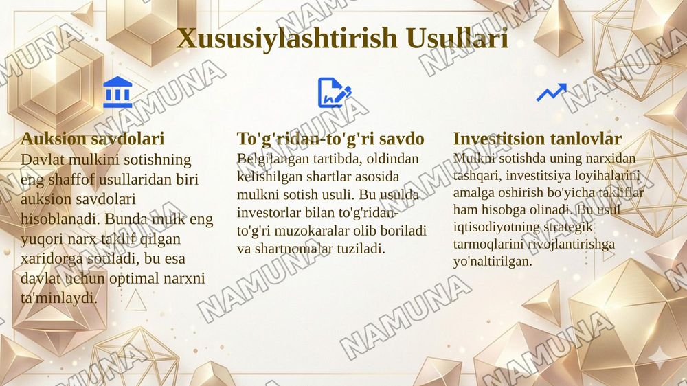 Oʻzbekistonda mulkni davlat tasarufidan chiqarish va xususiylashtirishning hozirgi zamondagi xususiyatlari asosiy shakillari va usullari. — 7-slayd