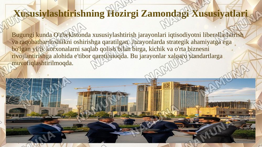 Oʻzbekistonda mulkni davlat tasarufidan chiqarish va xususiylashtirishning hozirgi zamondagi xususiyatlari asosiy shakillari va usullari. — 8-slayd