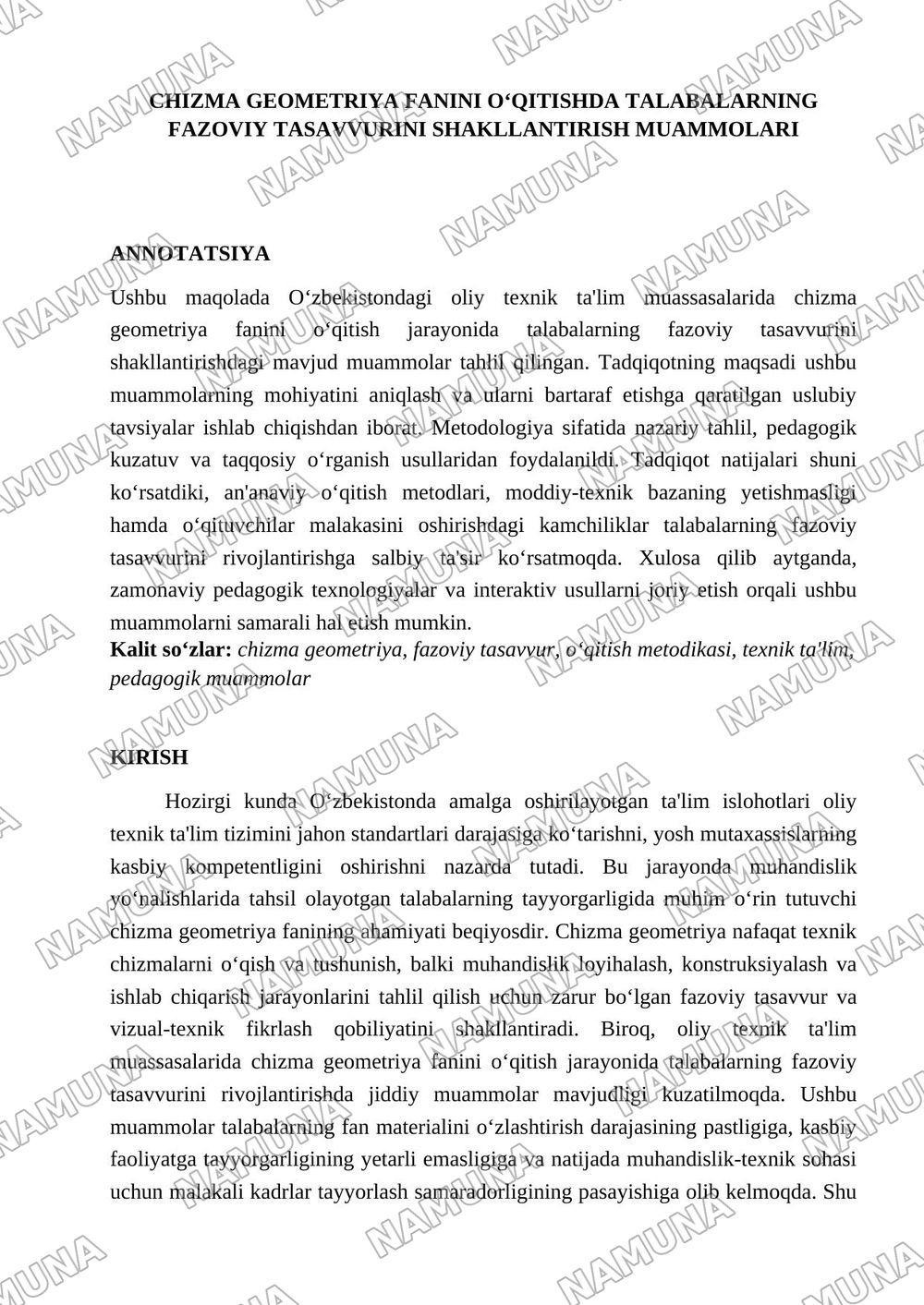 Chizma geometriya fanini oʻqitishda talabalarning fazoviy tasavvurini shakllantirish muammolari. — 1-varaq