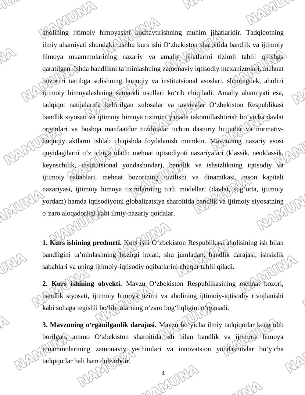 Oʻzbekiston respublikasi aholining ish bilan bandligini taʼminlash va ijtimoiy himoyalash muammolari — 4-varaq
