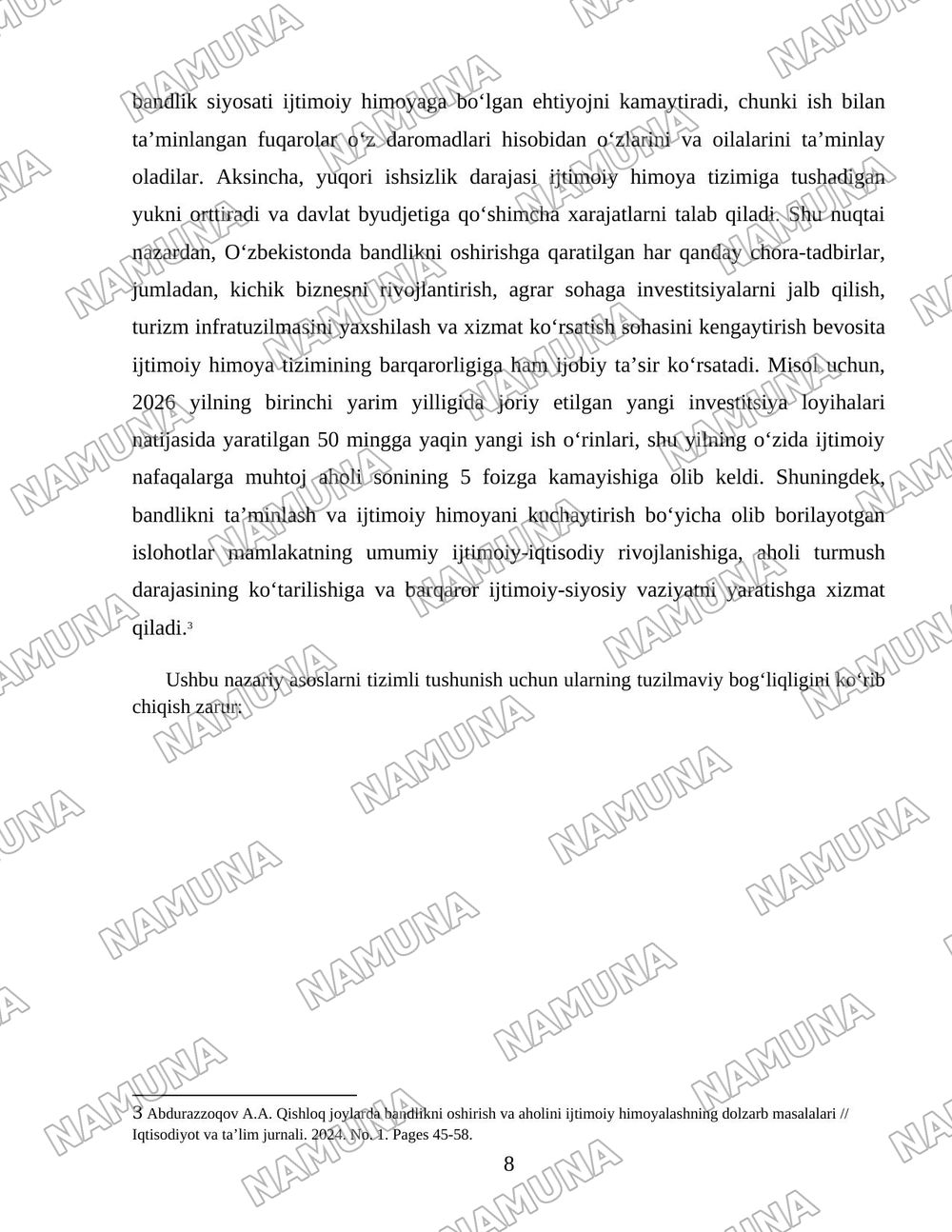 Oʻzbekiston respublikasi aholining ish bilan bandligini taʼminlash va ijtimoiy himoyalash muammolari — 8-varaq