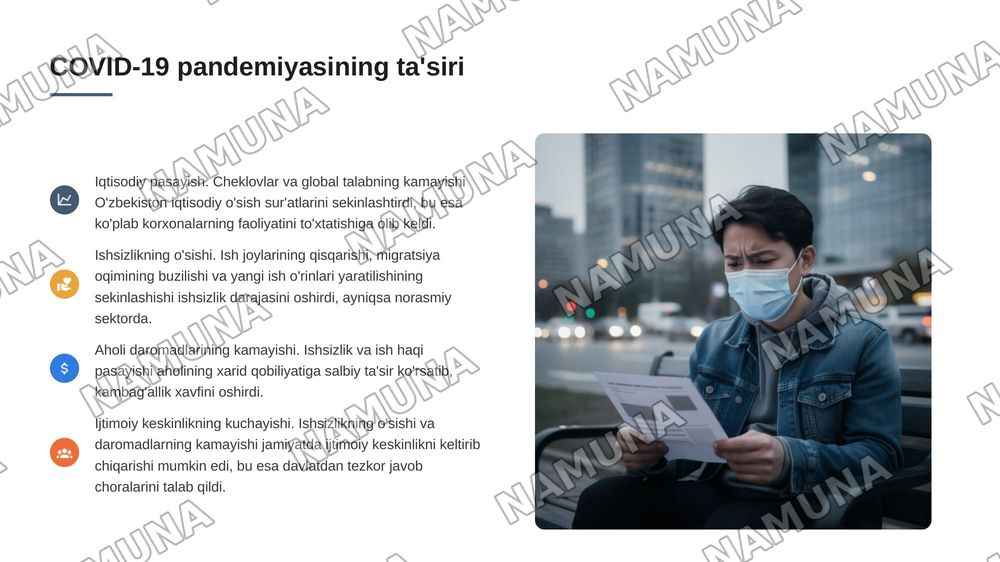 Oʻzbekistonda Pandemiya davrida ishsizlarni ishtimoiy himoya qilish boyicha chora tadbirlar — 3-slayd