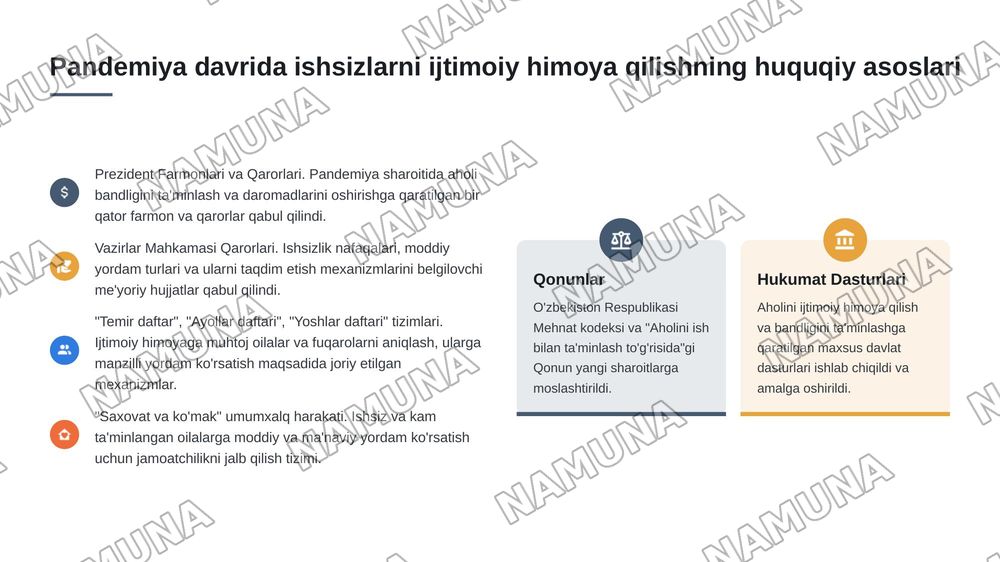 Oʻzbekistonda Pandemiya davrida ishsizlarni ishtimoiy himoya qilish boyicha chora tadbirlar — 4-slayd